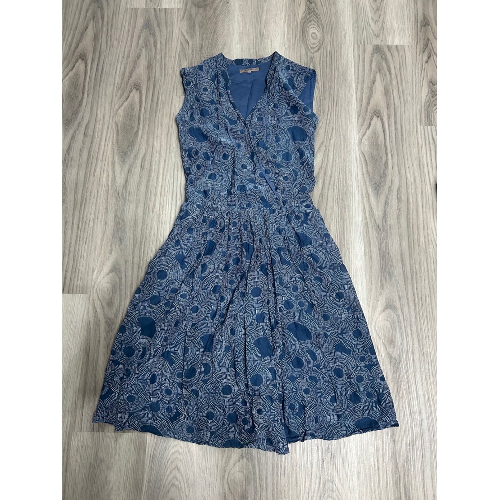 Kew Blue Silk Cotton Blend Sunburst Print Surplice Midi Dress‎ Womens 8